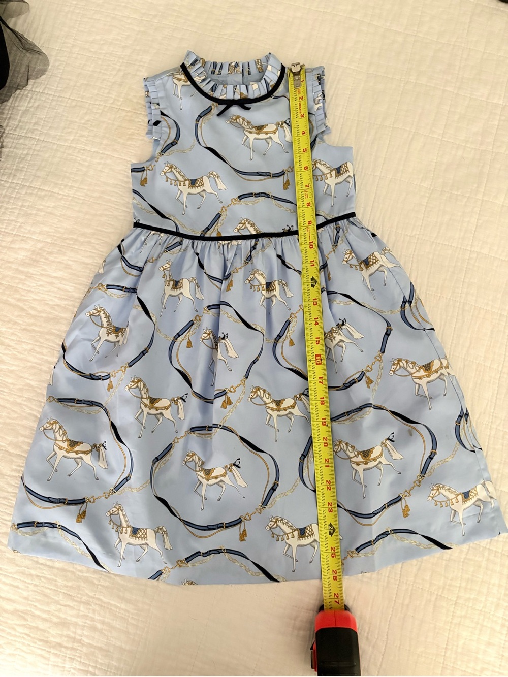 Janie and Jack Light Blue Patterned Dress with Horses and Gold Accents